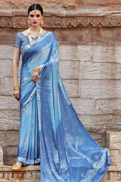 Admirable Blue Nylon and Satin Printed Party Wear Saree With Brocade Blouse