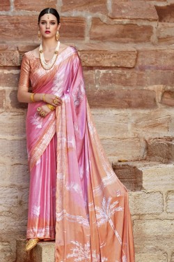 Classic Pink and Orange Nylon and Satin Printed Party Wear Saree With Brocade Blouse