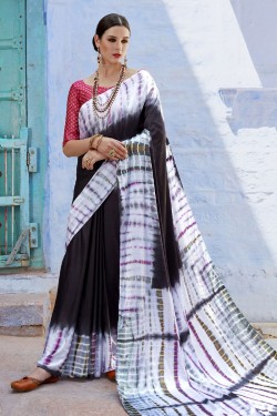Graceful Black and White Nylon and Satin Printed Party Wear Saree With Brocade Blouse
