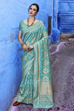 Beautiful Turquoise Silk Designer Jaquard Work Saree
