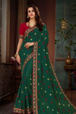 Classic Green Silk Embroidered Designer Saree