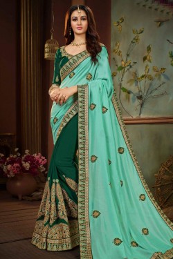 Excellent Turquoise and Green Silk Embroidered Designer Saree