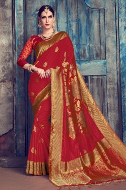Gorgeous Red Silk Jaquard Work Designer Saree