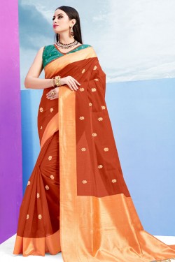Desirable Orange Silk Jaquard Work Designer Saree