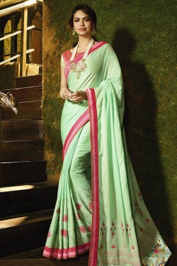 Pretty Green Designer Silk Embroidered Work Saree