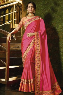 Excellent Pink Silk Embroidered Work Designer Saree
