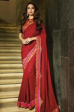 Beautiful Red Designer Silk Embroidered Work Saree