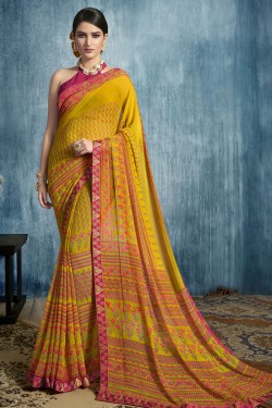 Pretty Multi Color and Yellow Georgette Printed Casual Saree