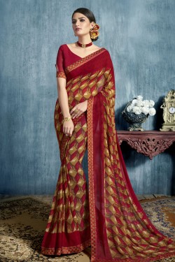 Lovely Maroon Georgette Printed Casual Saree