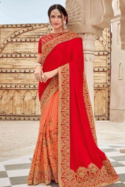 Pretty Red and Orange Silk Satin Designer Embroidered Saree