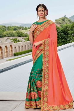 Charming Pink and Green Silk Satin Embroidered Designer Saree