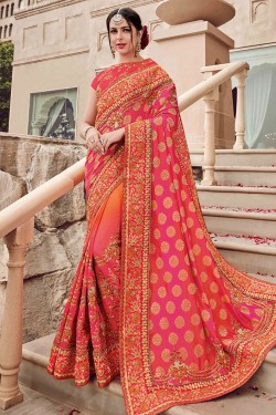 Desirable Pink and Orange Jaquard Designer Embroidered Saree