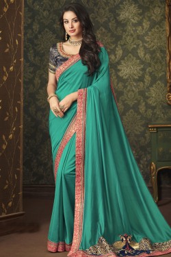 Ultimate Teal Georgette and Silk Designer Embroidered Saree