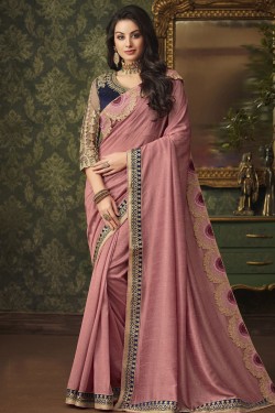 Excellent Pink Silk Embroidered Designer Saree