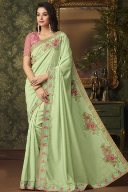 Charming Green Silk Designer Embroidered Saree