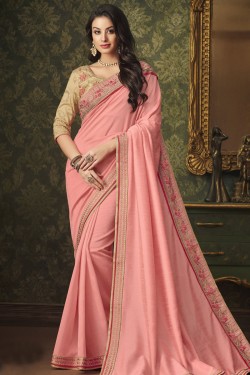 Classic Pink Silk Embroidered Designer Saree