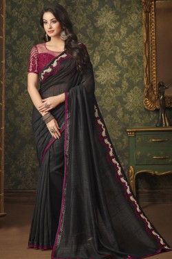Admirable Black Silk Embroidered Designer Saree