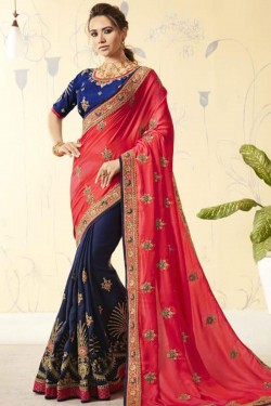 Ultimate Red and Navy Blue Georgette Designer Embroidered Saree