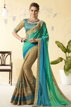 Gorgeous Multi Color and Biege Silk Embroidered Designer Saree
