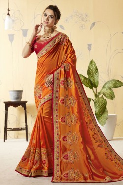 Charming Orange Silk Embroidered Designer Saree
