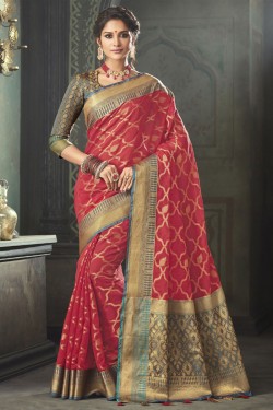 Excellent Red Silk Designer Jaquard Work Saree