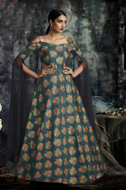 Admirable Navy Blue Jacquard Embroidered Work Gown