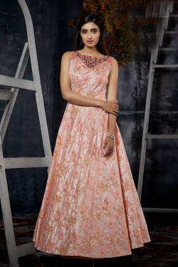 Pretty Peach Jacquard Embroidered Work Gown