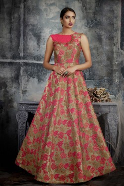 Ultimate Pink and Golden Jacquard Designer Long Length Party Wear Gown