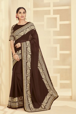 Gorgeous Brown Silk Embroidered Designer Saree