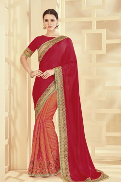 Stylish Red Silk Designer Embroidered Saree