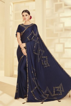 Excellent Navy Blue Silk Designer Embroidered Saree