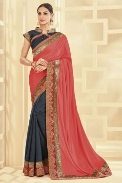 Lovely Red and Blue Silk Designer Embroidered Saree