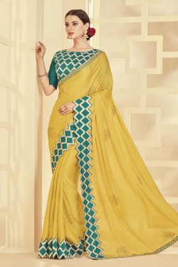 Supreme Yellow Silk Embroidered Designer Saree