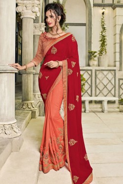 Desirable Red and Orange Silk and Georgette Embroidered Designer Saree