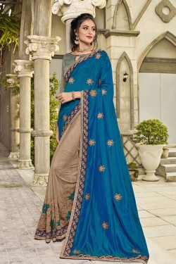 Excellent Blue and Beige Silk Designer Embroidered Saree