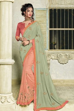 Supreme Grey and Pink Silk Designer Embroidered Saree