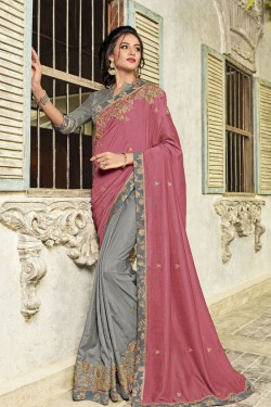 Lovely Pink and Grey Silk Embroidered Designer Saree