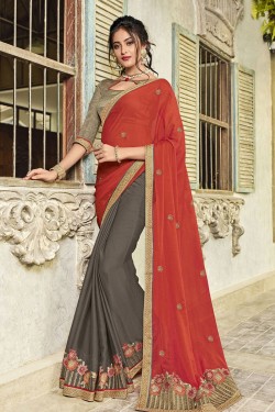 Classic Red and Grey Chiffon Designer Embroidered Saree