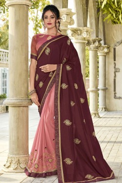 Admirable Maroon and Pink Silk and Chiffon Designer Embroidered Saree