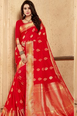Gorgeous Red Silk Designer Jaquard Work Saree
