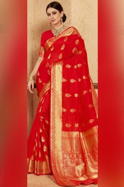 Beautiful Red Silk Jaquard Work Designer Saree