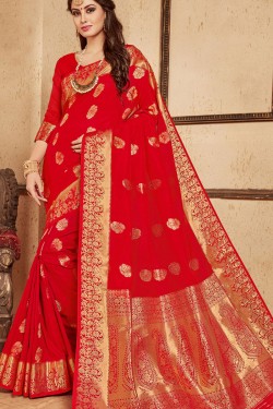 Admirable Red Silk Jaquard Work Designer Saree