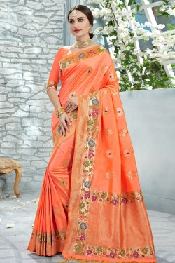 Desirable Peach Designer Jaquard Work Silk Saree