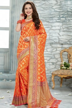 Ultimate Orange Jaquard Work Designer Silk Saree