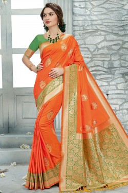 Lovely Orange Jaquard Work Designer Silk Saree