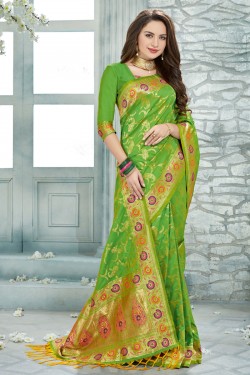 Beautiful Green Designer Jaquard Work Silk Saree