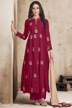 Gorgeous Maroon Maslin Embroidered Work Plazo Salwar Suit 