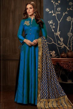 Pretty Blue Silk Embroidered Work Anarkali Salwar Suit