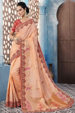 Gorgeous Peach Silk Embroidered Designer Saree