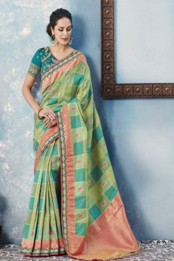Stylish Green Banarasi Silk Embroidered Designer Saree